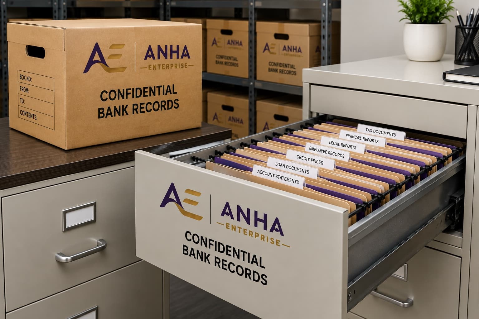 Labeled bank record boxes and folders in secure storage